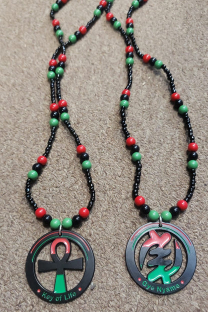 Red Black Green Beaded Necklaces -  Pan African - Ankh - Gye Nyame-RBG