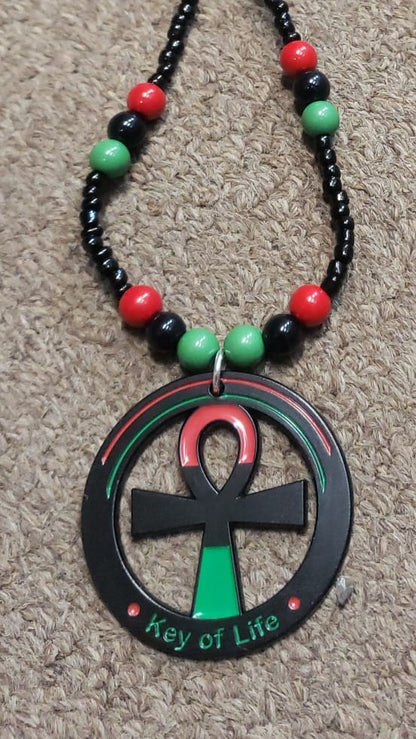 Red Black Green Beaded Necklaces -  Pan African - Ankh - Gye Nyame-RBG