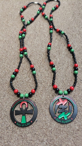 Red Black Green Beaded Necklaces -  Pan African - Ankh - Gye Nyame-RBG