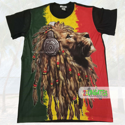 MENS Rasta SHIRT - Lion with headphones - Black