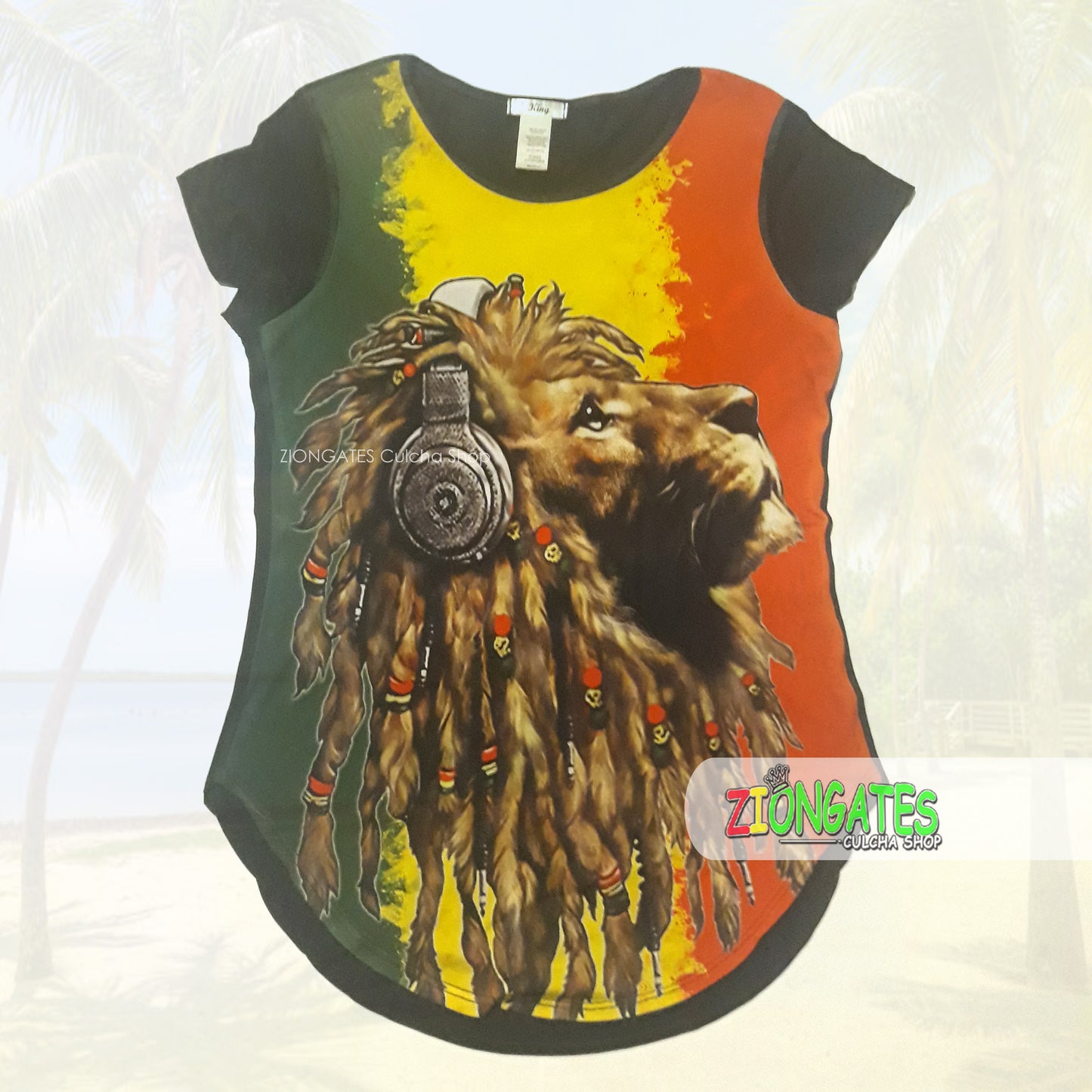 WOMENS RASTA Lion with headphones Spandex Shirt